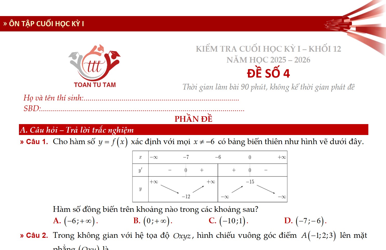 Đề kiểm tra học kì 1 Toán 12 Kết nối tri thức theo form 2026 Tự Tâm - Đề 4